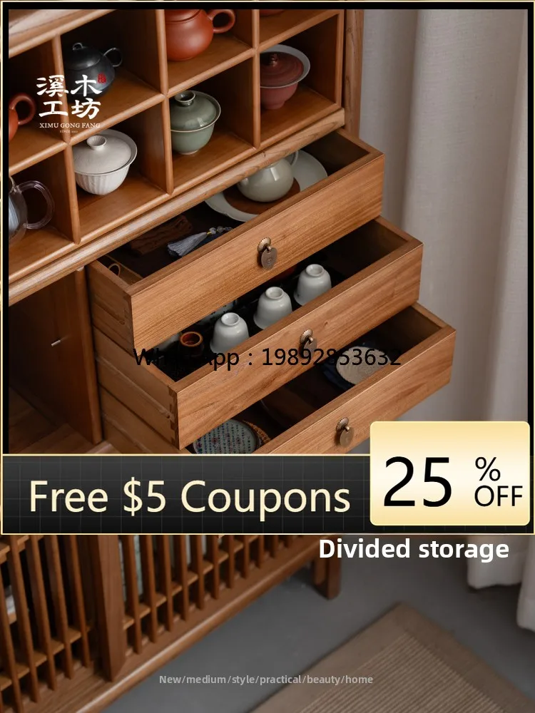 

YFY Balcony Solid Wood Tea Storage Side Cabinet New Chinese Style Tea Room Tea Set Display Storage Bookcase Curio Rack