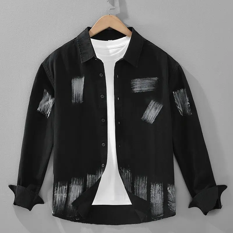 

Spring Summer Men's Brush Stroke Print Shirt Turn Down Collar Long Sleeve Loose Streetwear Tops Breathable Vintage Shirts