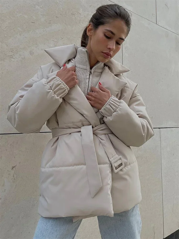 Winter Spitze-Up Tasche Parkas Outwear Weibliche V-ausschnitt Lose Langarm Mode Hohe Taille Bandage Mantel Damen Solide Outwear