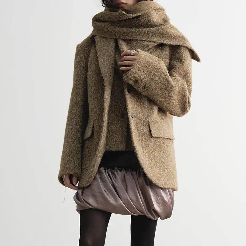 

HUISONG Warm Brown Woolen Women Suit Cashmere Blazer Scarf Collar Jacket Single Breasted Casual Coat Outfit Autumn Winter kv8721