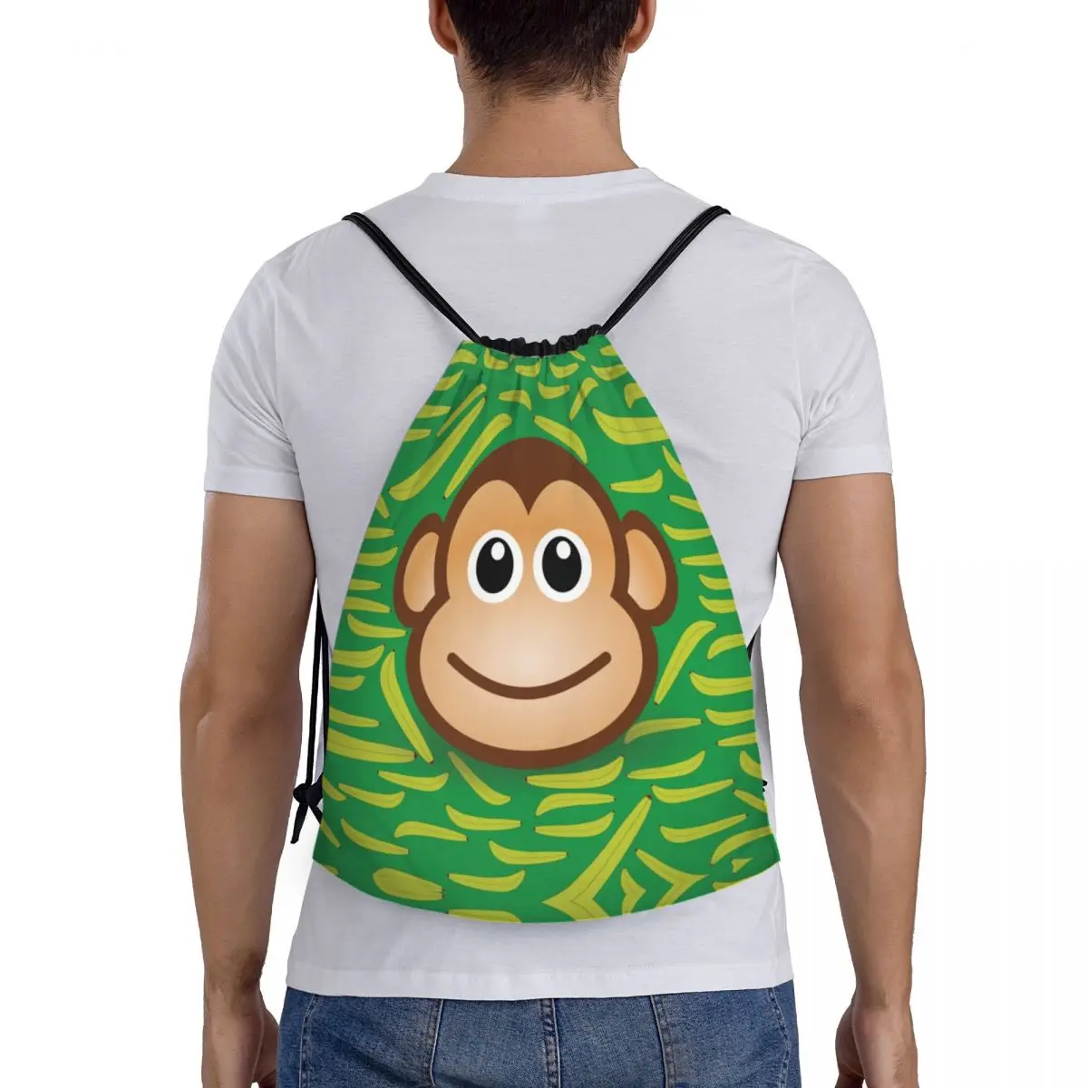 Custom Curious George Cartoon Drawstring Tas Vrouwen Mannen Lichtgewicht Aap Lachend Met Banaan Sport Gym Opslag Rugzak