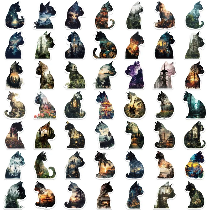 10/30/50PCS Black Dreamy Cat Sticky PVC Sticker Aesthetic Children's Stationery DIY Decoration Scrapbooking School Supplies