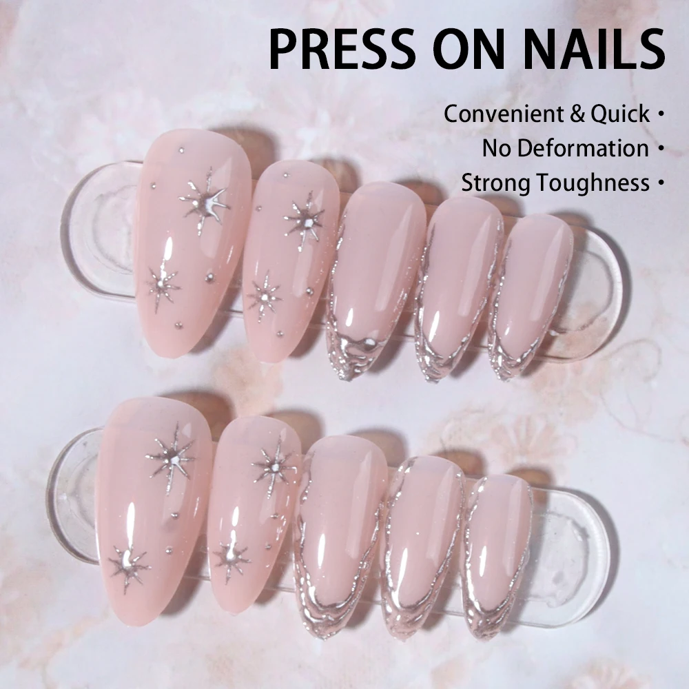 แถบเล็บเจล 3 มิติสีเงินรูปอัลมอนด์ยาว 24 ชิ้นเพื่อเพิ่มสไตล์แฟชั่นของคุณ! ชุดสติกเกอร์ติดเล็บสไตล์ฝรั่งเศสแบบสติลเลตโตมีลักษณะดังนี้