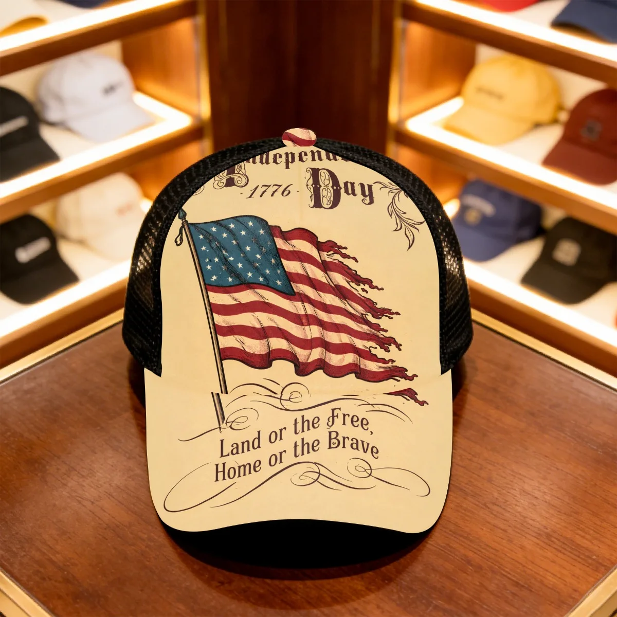1pc American Independence Poster All-Over Print Duckbill Hat Mesh Cap Pattern Print Versatile Fashionable Streetwear Dad Hat