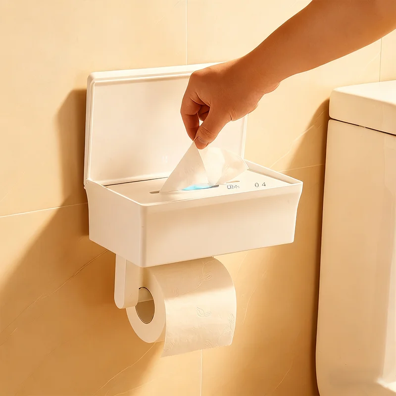 

2 In 1 Home Toilet Paper Holder Bathroom Adhesive Shelf with Shelf and Storage Box Wall Mount Toilet Accessories
