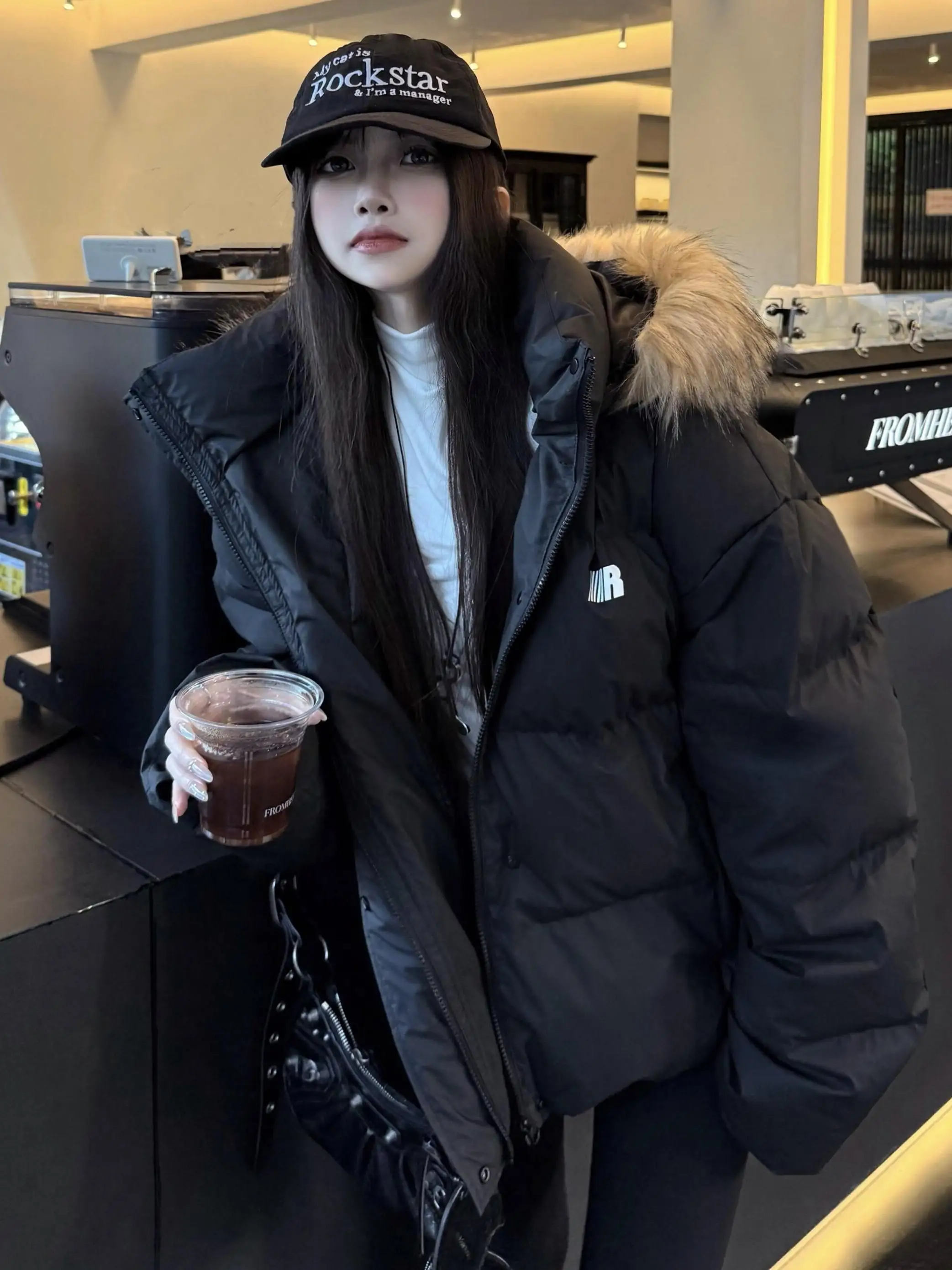 

Women's Bla Fur Collar down Cotton Jaet Winter Thi Warm Loose Coat Korean Sle Commute Long Sve Zipper Closure