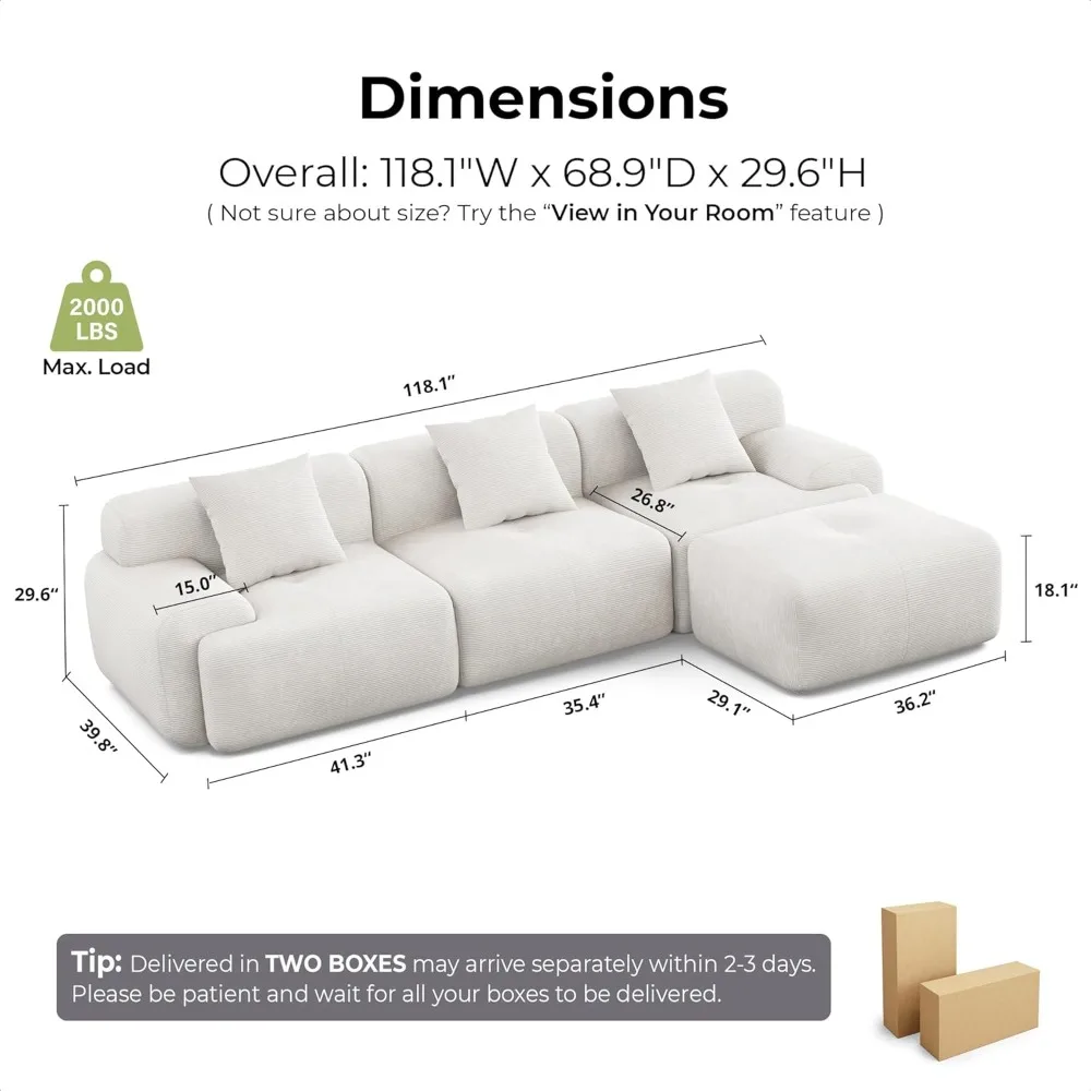 

118" Modular Sectional Sofa with Ottoman, L-Shaped Boneless Couch with Deep Seat for Living Room, No Assembly, Customized