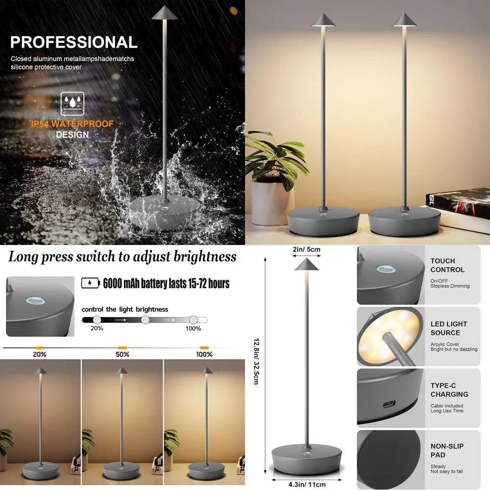 2-Pack Cordless LED Desk Lamp, Rechargeable 6000mAh Battery, 3-Level Brightness, Metal, Portable for Indoor & Outdoor Use (Gray)