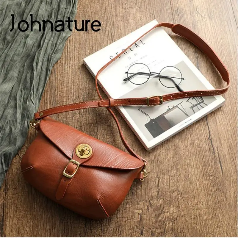 Johnature Genuine Leather Retro Saddle Bag High-quality Women Bags 2024 New Simple Natural Cowhide Shoulder & Crossbody Bags