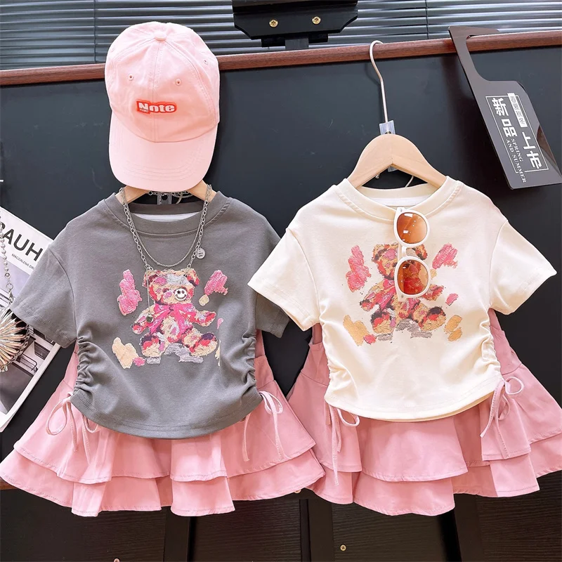 

New Girls Cute Cartoon Set Baby Fashion Casual Suit Summer Children's Short-Sleeved Top Sweet Half-Body Skirt Two-Piece 3-8 Year