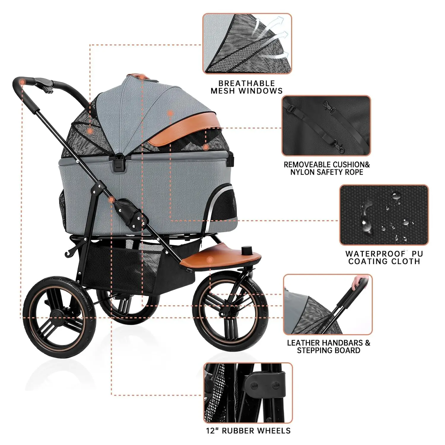 Dog and Cat Stroller, 3 em 1, Médios e Pequenos Cães, Correia, Pet Stroller, 3 Rodas