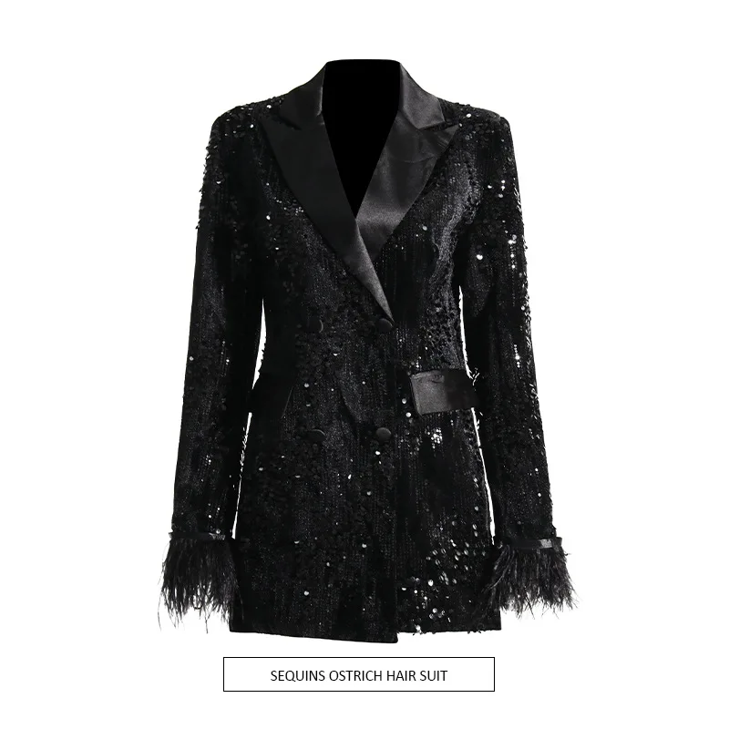 

High end fashion sequin suit jacket 2024 autumn sequin top versatile cuff splicing hairy host birthday party speech Prom