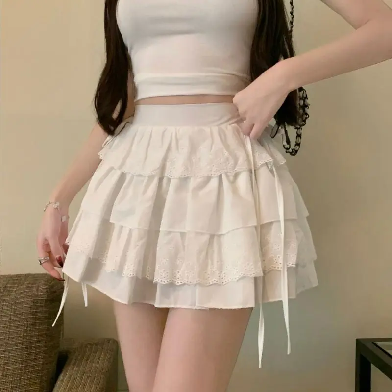 

White Lace Cake Skirt for Women High Waist Kawaii Cute Sweet A-line Mini Skirt Lolita Girl Clothing Bandage Japanese Style