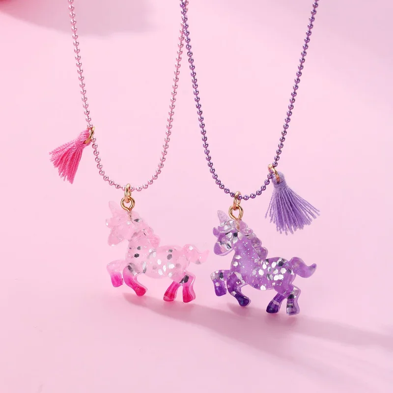 2Pcs/Set Cartoon Resin Unicorn Pendant Chain Best Friends Necklace Cute BFF Friendship Children's Jewelry Gift for Kids Girls