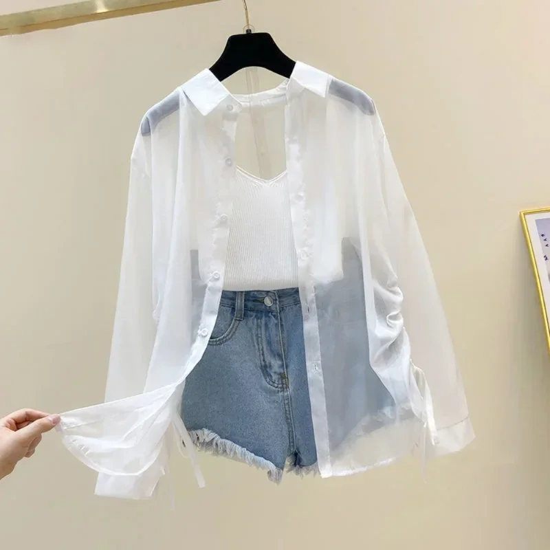 여성용 자외선 차단 셔츠, 얇은 여름 투명 패션, 레트로 스위트 쿨 스트리트웨어, 홀리데이 올매치 비치 영 