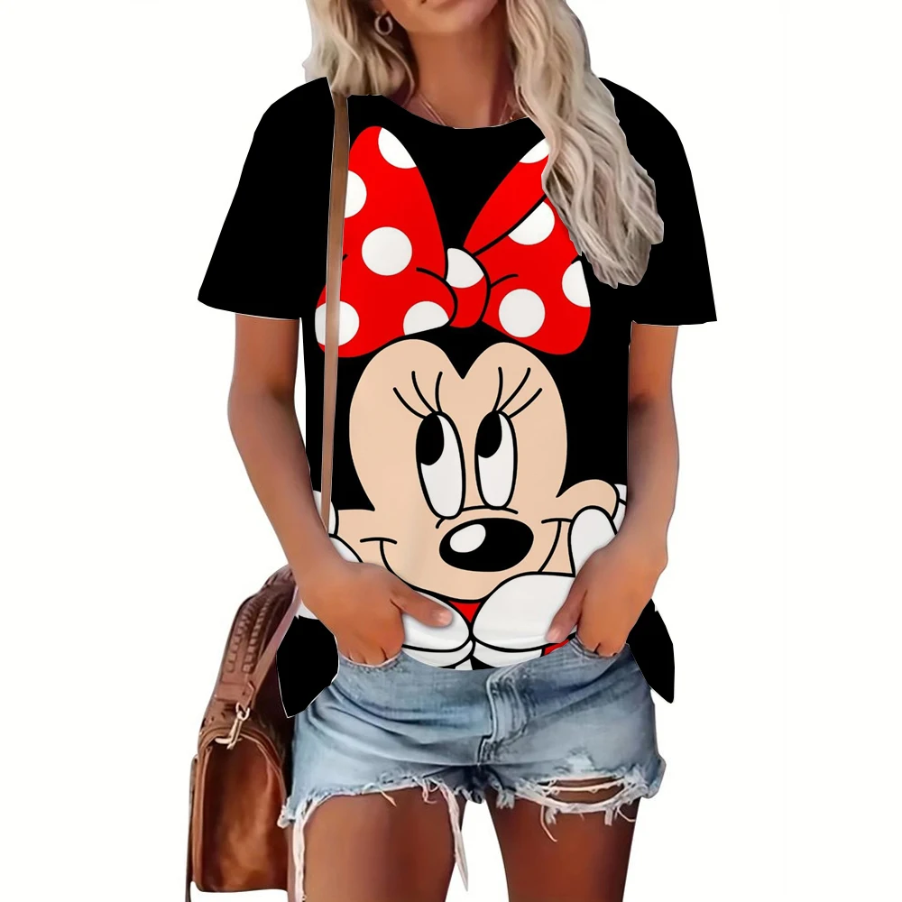 Camiseta divertida de Disney para mujer, pantalón corto informal con gráfico de Mickey y Minnie de dibujos animados, camiseta holgada Kawaii para mujer Y2K, Tops