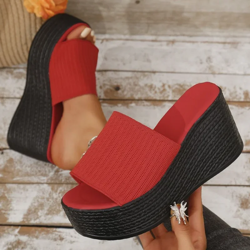 

Summer New High Heel One Word Slippers for Women, Solid Color, Casual, Simple Slope Heel, Women's Shoes