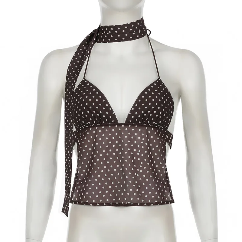 Sommer Y2K Damen Polka Dot Print ärmellose Weste Vintage Camisole mit Spaghettiträger Schal Streetwear Top – Detail 8