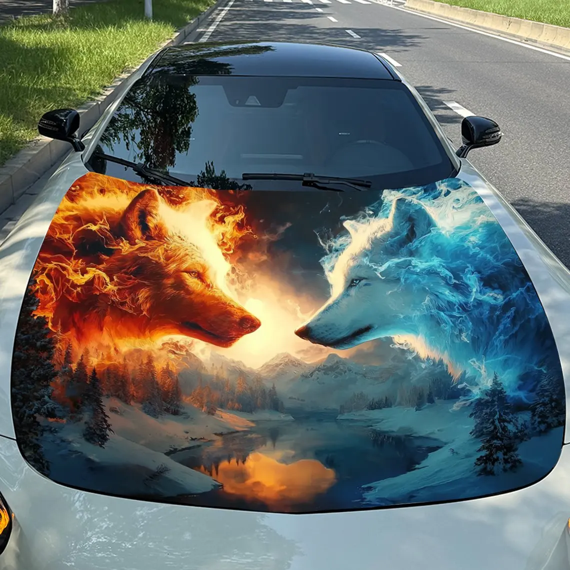 

The Wolf Of Ice And Fire Car Vinyl Wrap, PVC Waterproof Car Hood Sticker, Self-Adhesive Scratch-Resistant Stickers For Engine Co