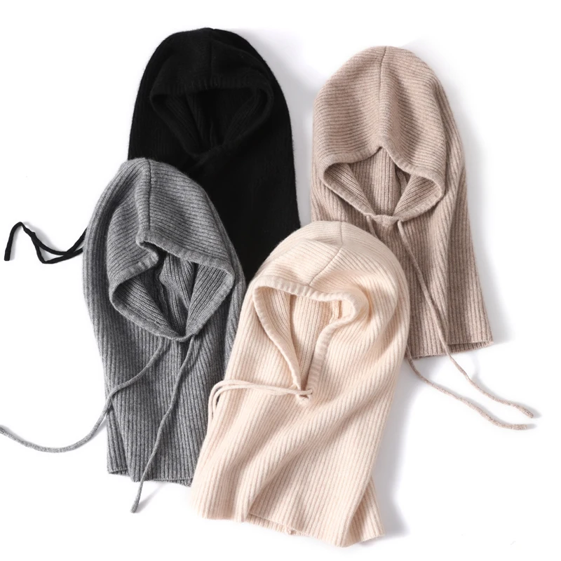 100%Wool Benies For Women Winter Knitted Neck Face Protect Balaclave Hat Warm Soft Cashmere Hooded Hat Drawstring Skullies Men