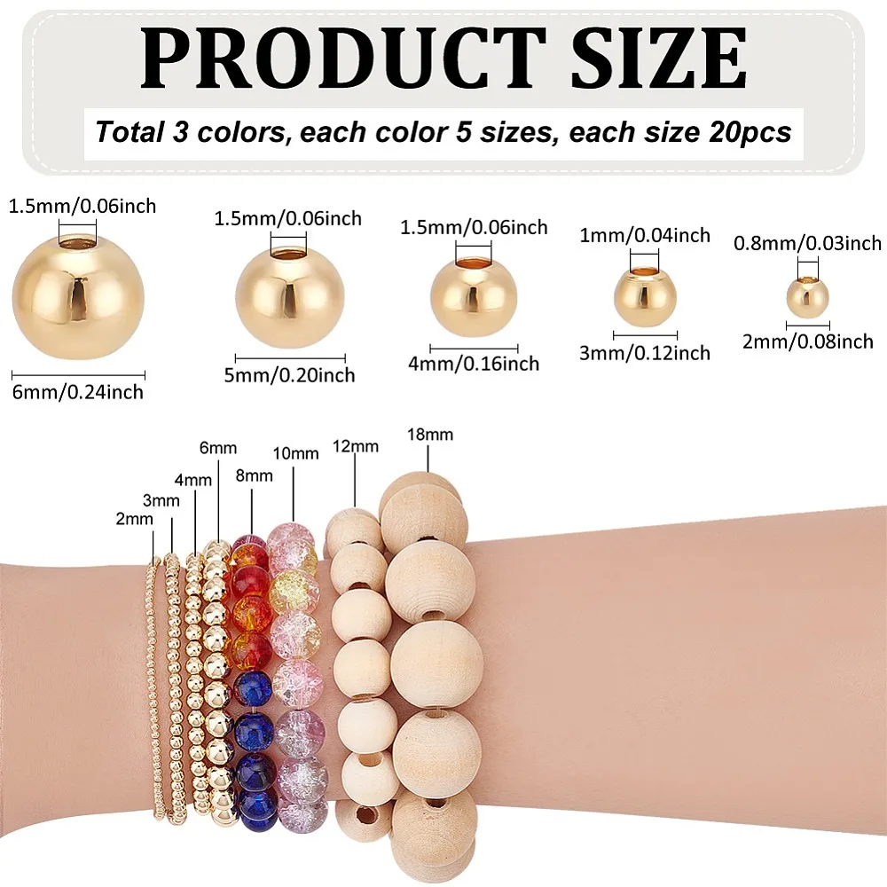 300pcs 5 Sizes Smooth Round Beads 3 Colors Round Spacer Beads Brass Loose Spacers Long-Lasting Plated Brass Beads for Hawaii