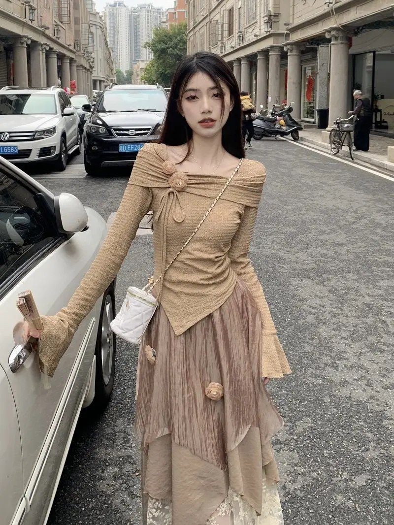 Elegant Women Two Pieces Set New Design Irregular Tops Vintage Gentle Ladies Midi Skirt High Quality Female Outfit 2024 Suit