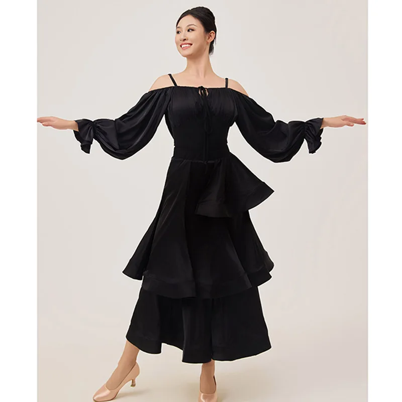 ชุดเต้นรำสมัยใหม่สำหรับผู้หญิง ชุดเต้นรำมาตรฐานระดับชาติ เสื้อเปิดไหล่ กระโปรง ชุดเต้นรำชาช่า ชุดแสดงเต้นบอลรูม DN22397