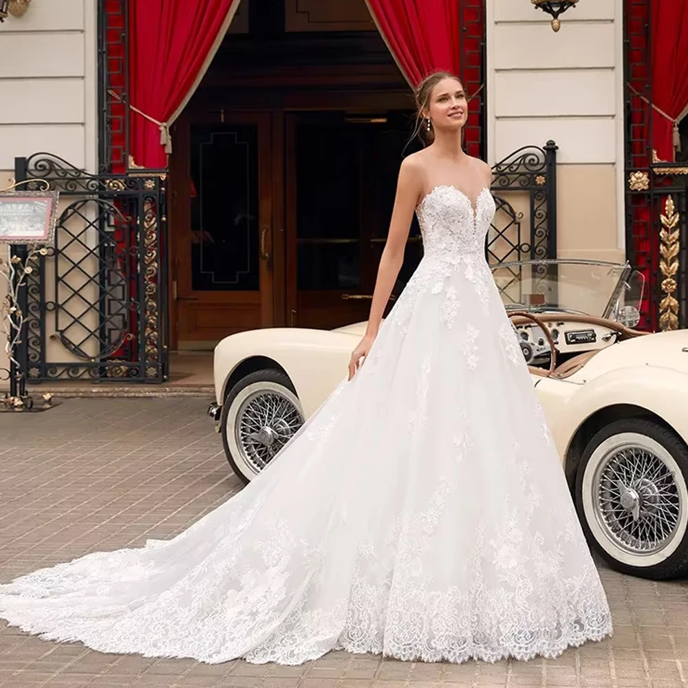 

Индивидуальное кружевное свадебное платье трапециевидной формы без рукавов с аппликацией для женщин, свадебное платье на пуговицах сзади, тренировочное церковное женское свадебное платье
