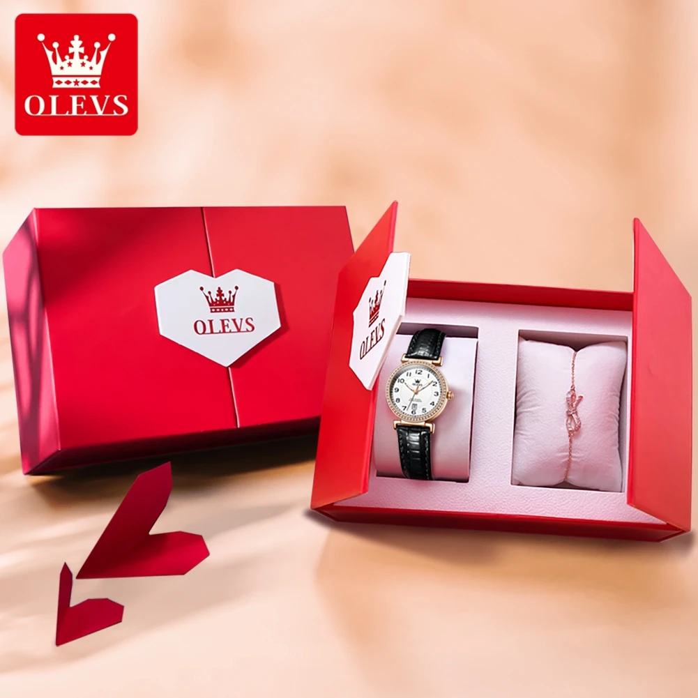 

OLEVS 5590, женские часы, оригинальные часы, элегантные кварцевые часы, кожаный ремешок, часы с датой, водостойкий светящийся браслет, набор, подарочная коробка