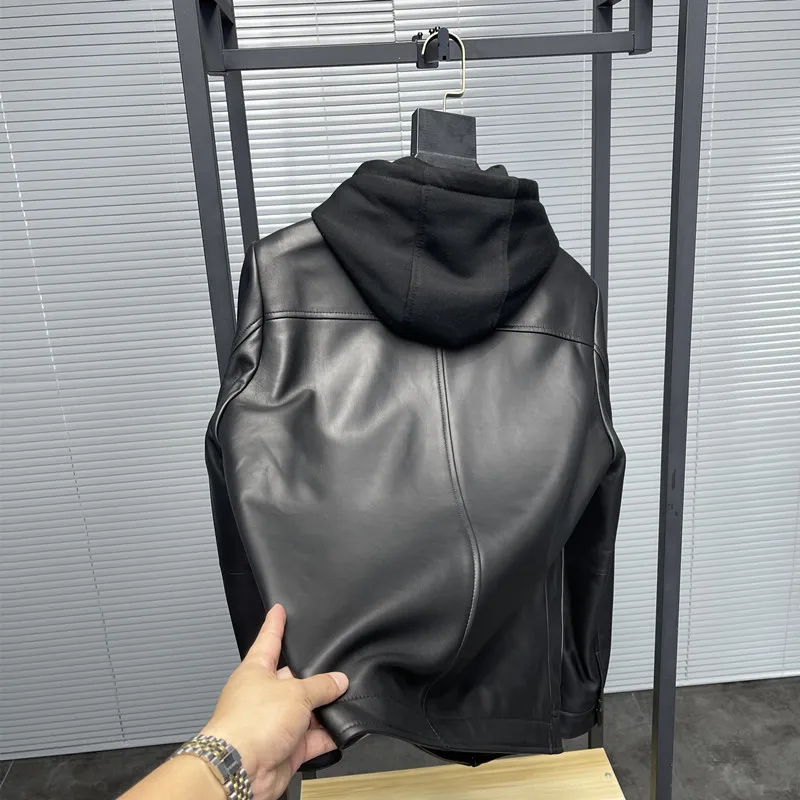 

High-End Busin Casual Removable Hooded Genuine Leather Jaet Coat Men's 3W Class Pampa& Faion Urban Sle