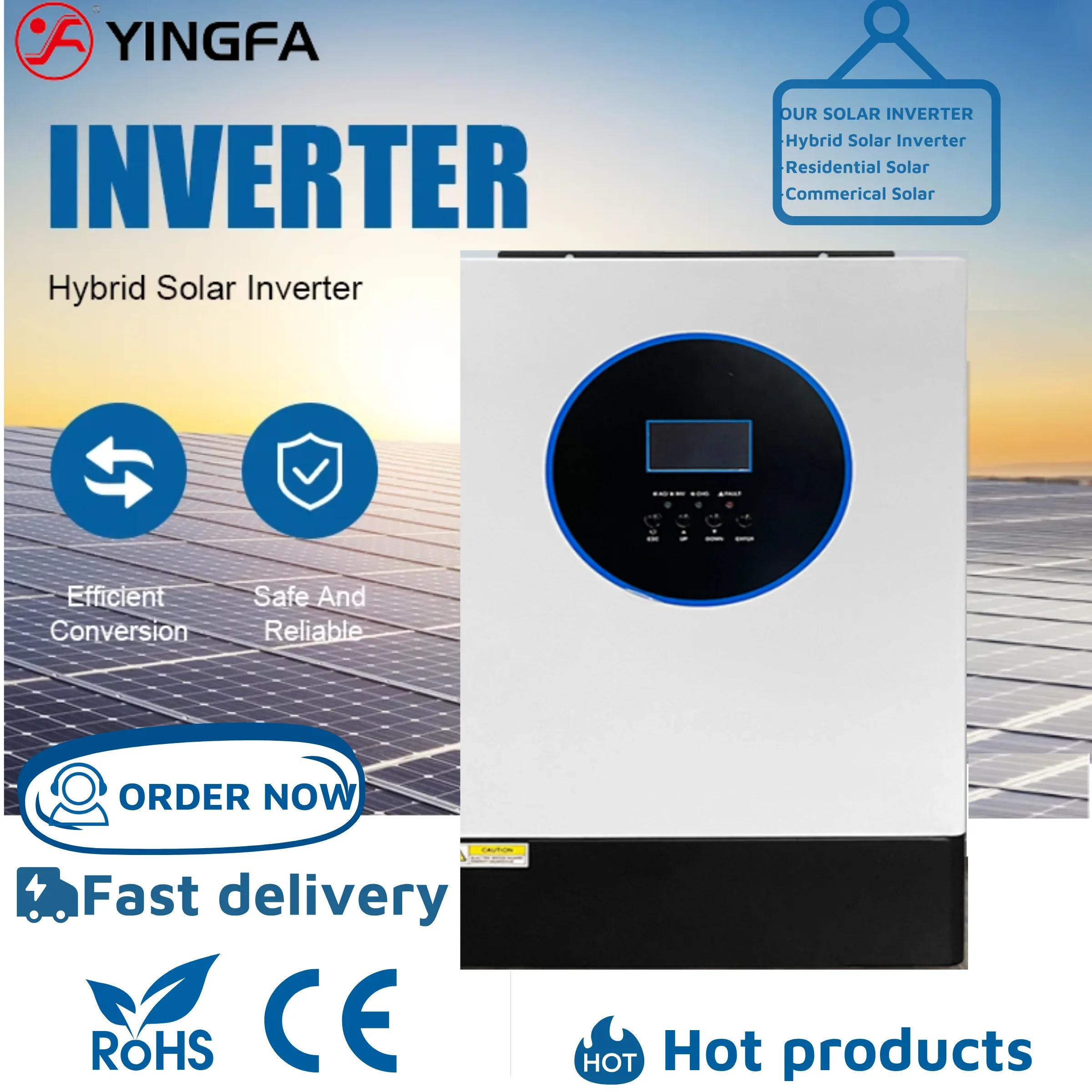 YINGFA 5kW Hybrid Solar Inverter，Low Voltage，Single Phase，Pure Sine Wave，PV Inverter，EU Standard，Home Use ，WIFI,On Off Grid