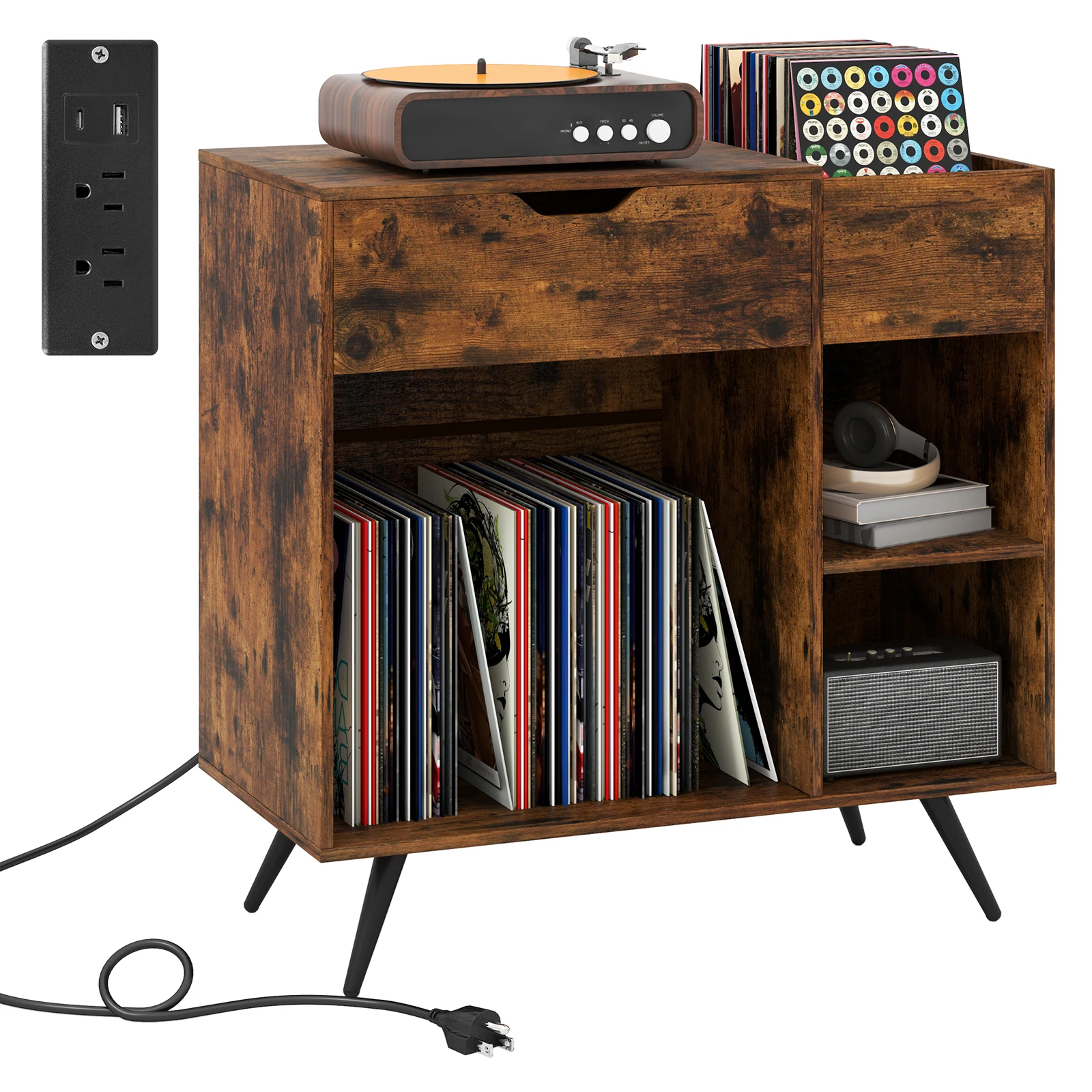 

Подставка для проигрывателя пластинок с розеткой, ящиком и съемным разделителем. Промышленная подставка для проигрывателя пластинок.