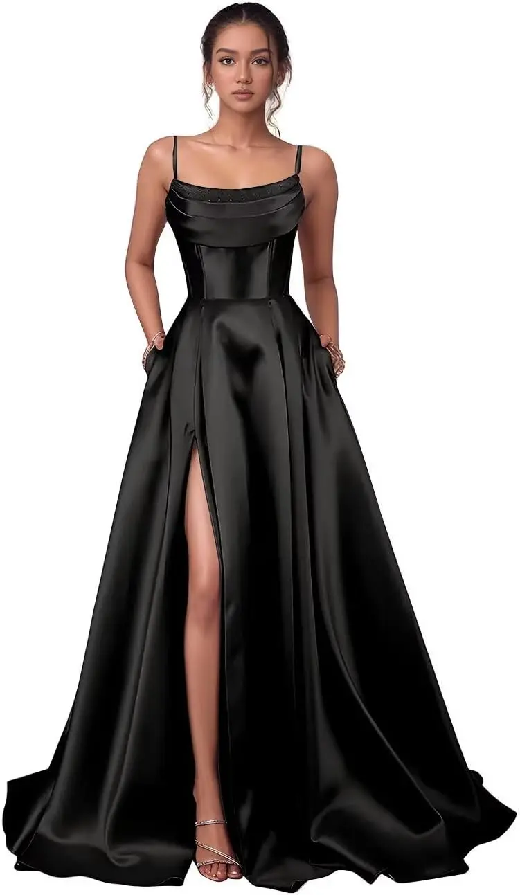 

Satin Prom Dresses with Slit 2026 Spaghetti Straps V Neck Ball Gown with Pocket Long Evening Gown for Women Formal Party Dress