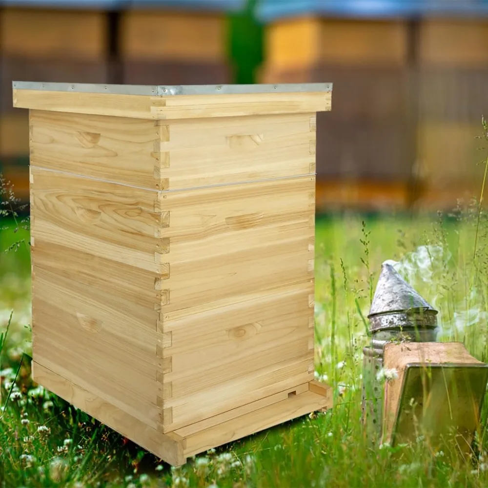 Compelte Bee Hive Starter Kit Includes 1 Deep Brood Honey Bee Hives Box, 1 Medium Super Bee Box with Beehive Frames