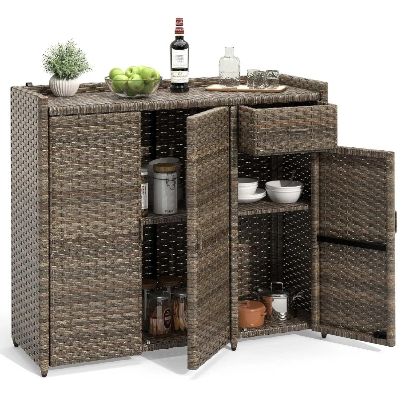 Outdoor Storage Cabinet, Weather-proof Rattan Bar Table with Two Doors, Adjustable Shelves & Foldable Drawer, and Garden Tools