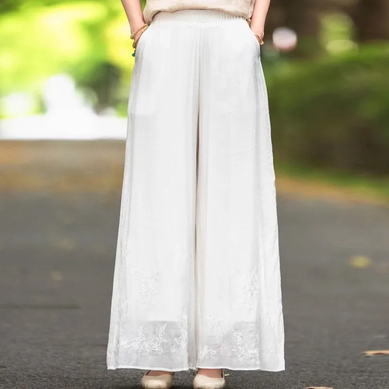 Oriental Style Embroidered Flare Pants Women Summer Breezy Elastic Waist Relaxed Loose Two Layer Leisure