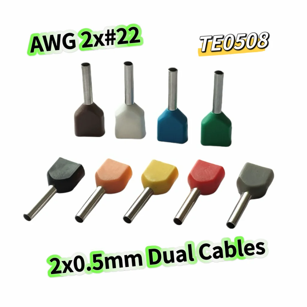 100pcs/lot Copper Insulated Ferrules Lug Twin Cables Type 2x0.5mm² Guage 2X#22 Electrical Cord End Terminal Crimping Lug TE0508