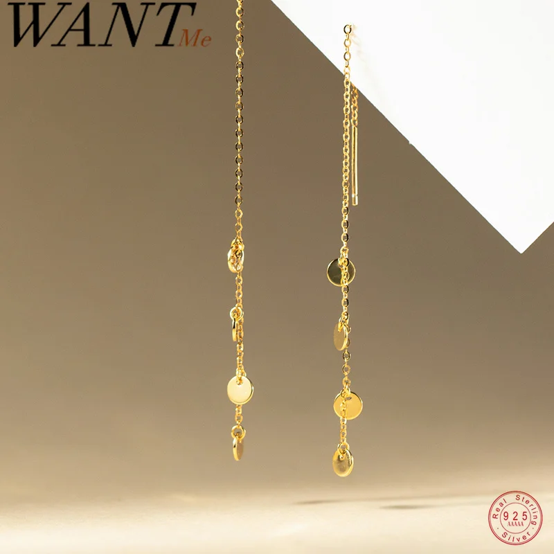 WANTME 925 Sterling Silver Tassel Disc Chain Ear Thread Earrings for Women Unique Design Sweet Daily Wear Party Ear Line Jewelry