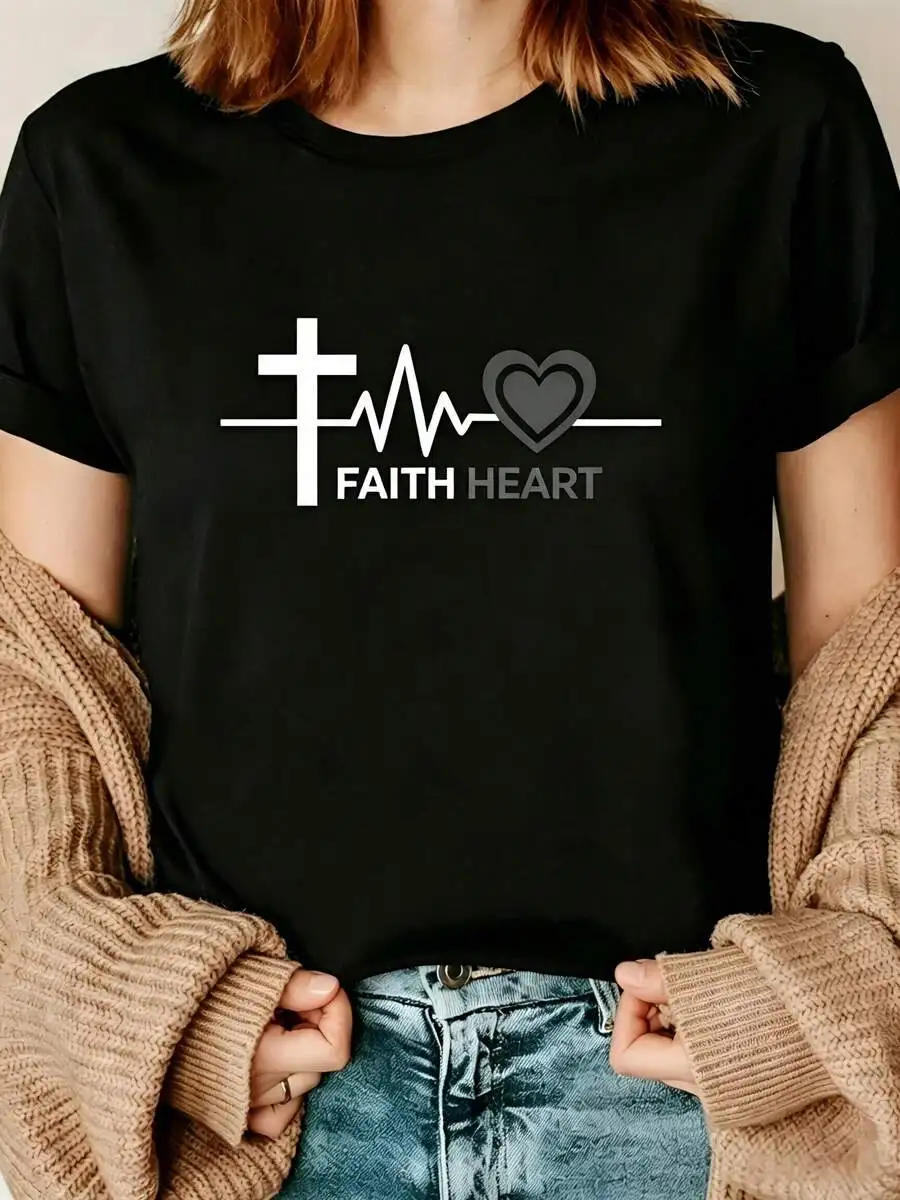 Women's Crew Neck Short Sleeve Graphic T-Shirt, Faith Heart Christian Religious Print, Casual Everyday Wear, Gift For Believers Tops For Ladies