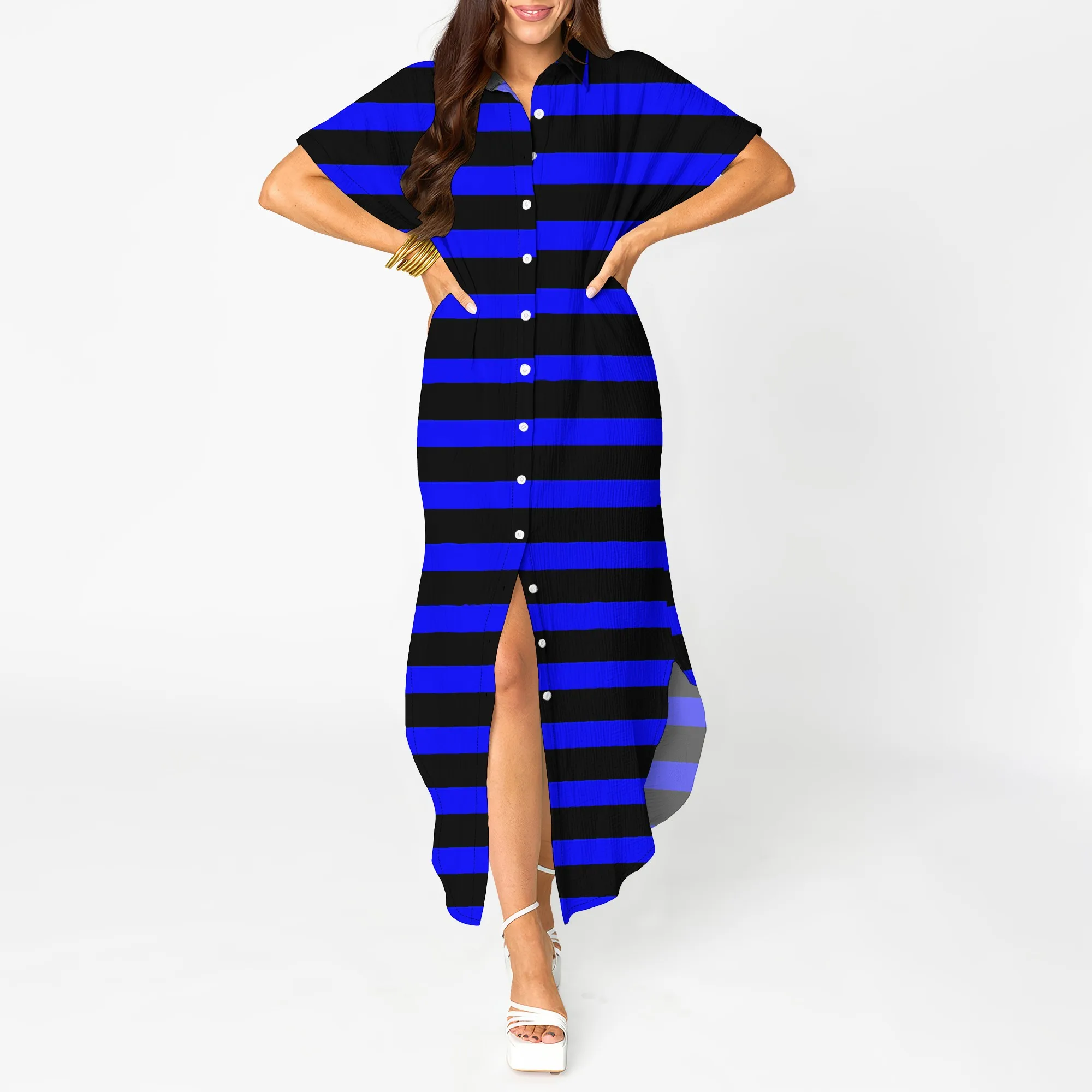 Nupusa Striped Print Dress for Women Regular Size Summer Casual Shirt Neck Short Sleeve High - Low Dress