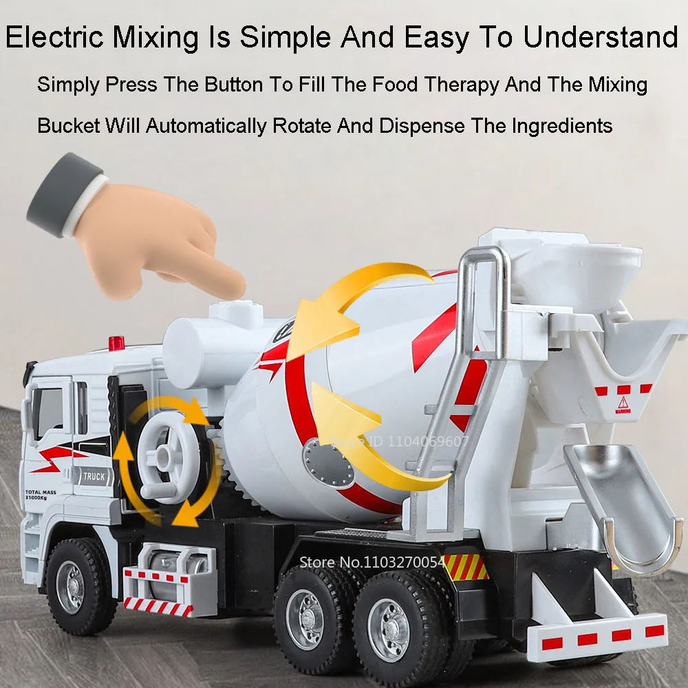 1:40 Alloy Electric Mixer Truck Toys Model Diecast Miniature with Sound Light Pull Back Door Open Vehicles Zabawka dla dzieci Prezent