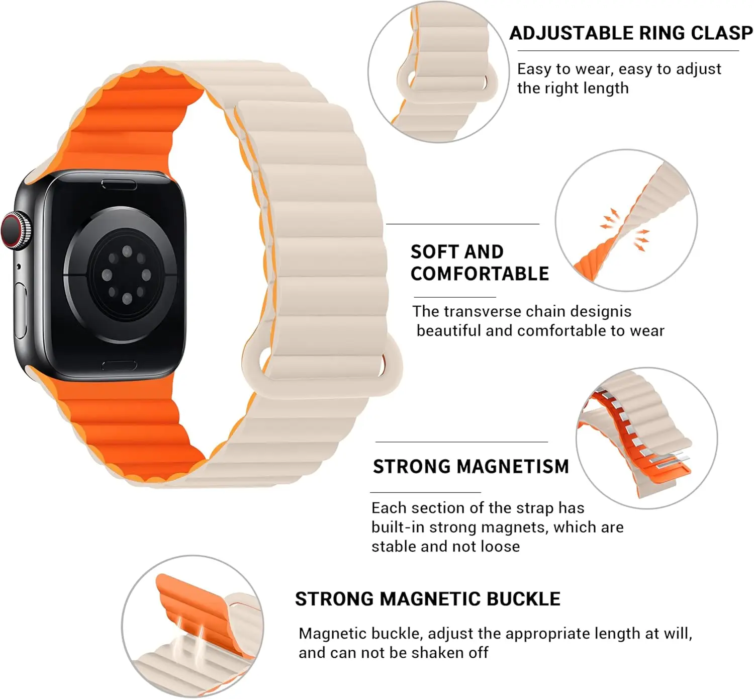 Silicone Magnetic Apple Watch Band - Compatible with Apple Watch 38mm 40mm 41mm 42mm 44mm 45mm 49mm, Adjustable Strong Magnetic