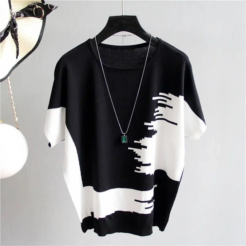 Women Clothing Fashion O-Neck Knitted T-shirt Spring Summer Loose Contrast Knitwear Lady Elegant Simplicity Cozy Lazy Style Top