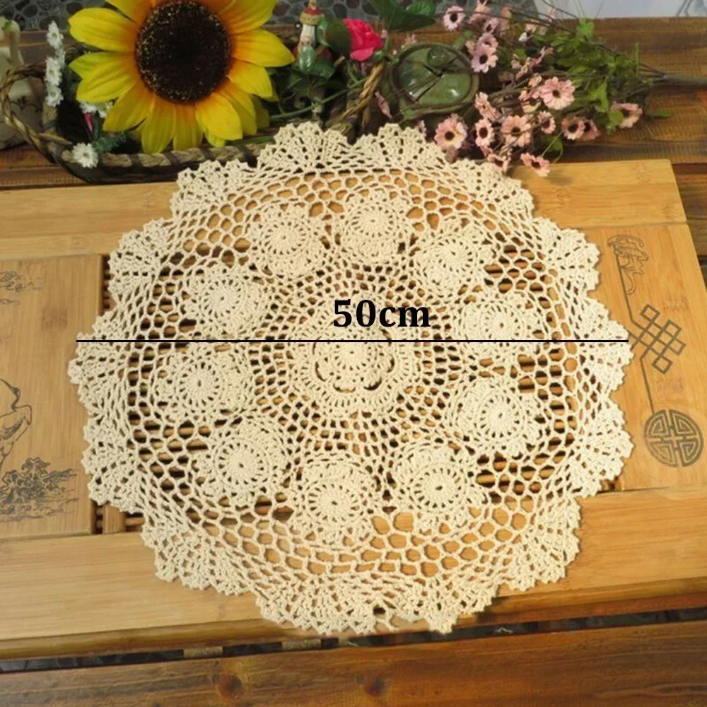 Small Round Lace TableClothVintage Crochet Table Lamp Cushion Insulation Pads Cotton Floral Tablecloth 50cm Home Decoration