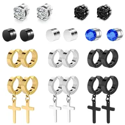 1 Pair Magnetic Cubic Zirconia Fake Stud Earrings Clip on Non Pierced Dangle Cross Hoop Earrings Set for Men Women