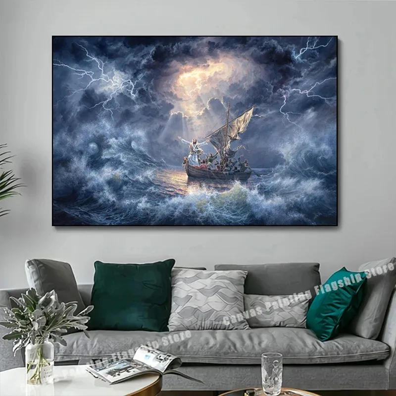 Jesus Walking on Water Canvas Painting Salvation In The Storm Poster Print Wall Art Picture for Christian Living Room Home Decor