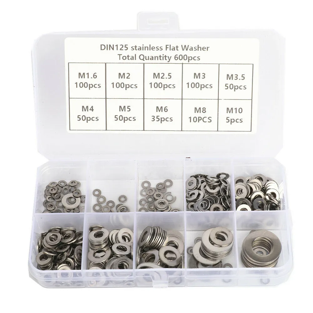 304 Stainless Steel Flat Washer Variety Kit 600pcs for M1 M2 M2.5 .5 M5 M6 M8 M10 Metric Fasteners in Manufacturing