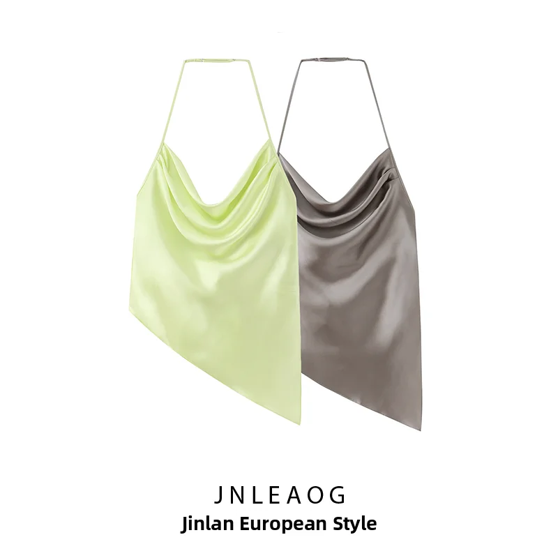 JNLEAOG Summer New Women's Fashion Silk Satin Feel Hanging Neck Collar Top Polyester Fiber Commute Style Casual Wear
