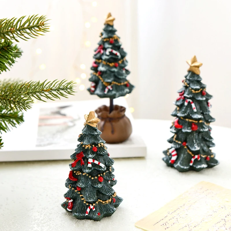 1PC Resin Christmas Tree Festival Decoration Miniature Landscape Desktop Ornaments Artificial Xmas Tree Happy New Year 2024