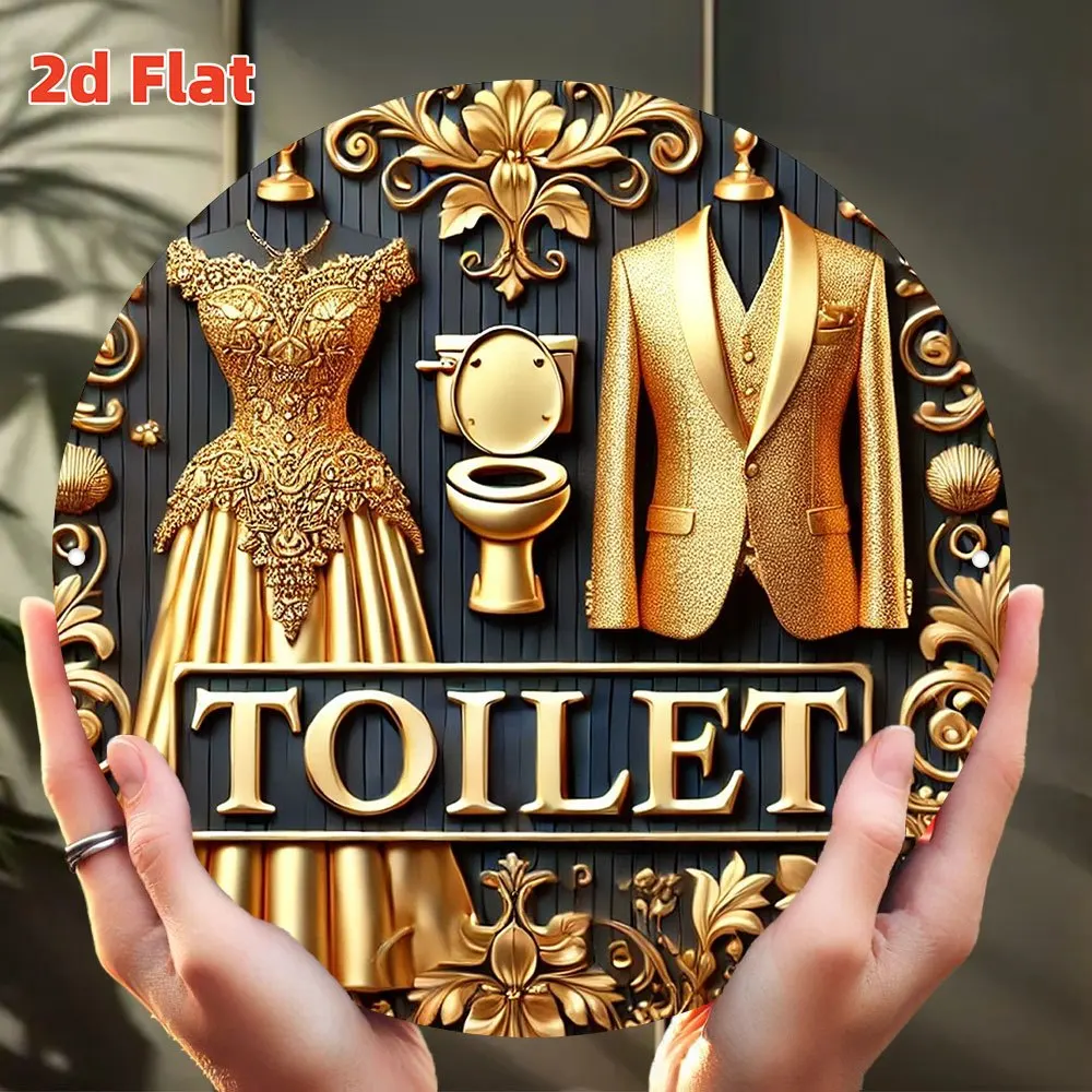 2D Flat, 2D Flat Luxury Toilet Decorative Art - 19.81cm Round Aluminum Metal Wall Sign, High-Definition Print, Waterproof & Dust